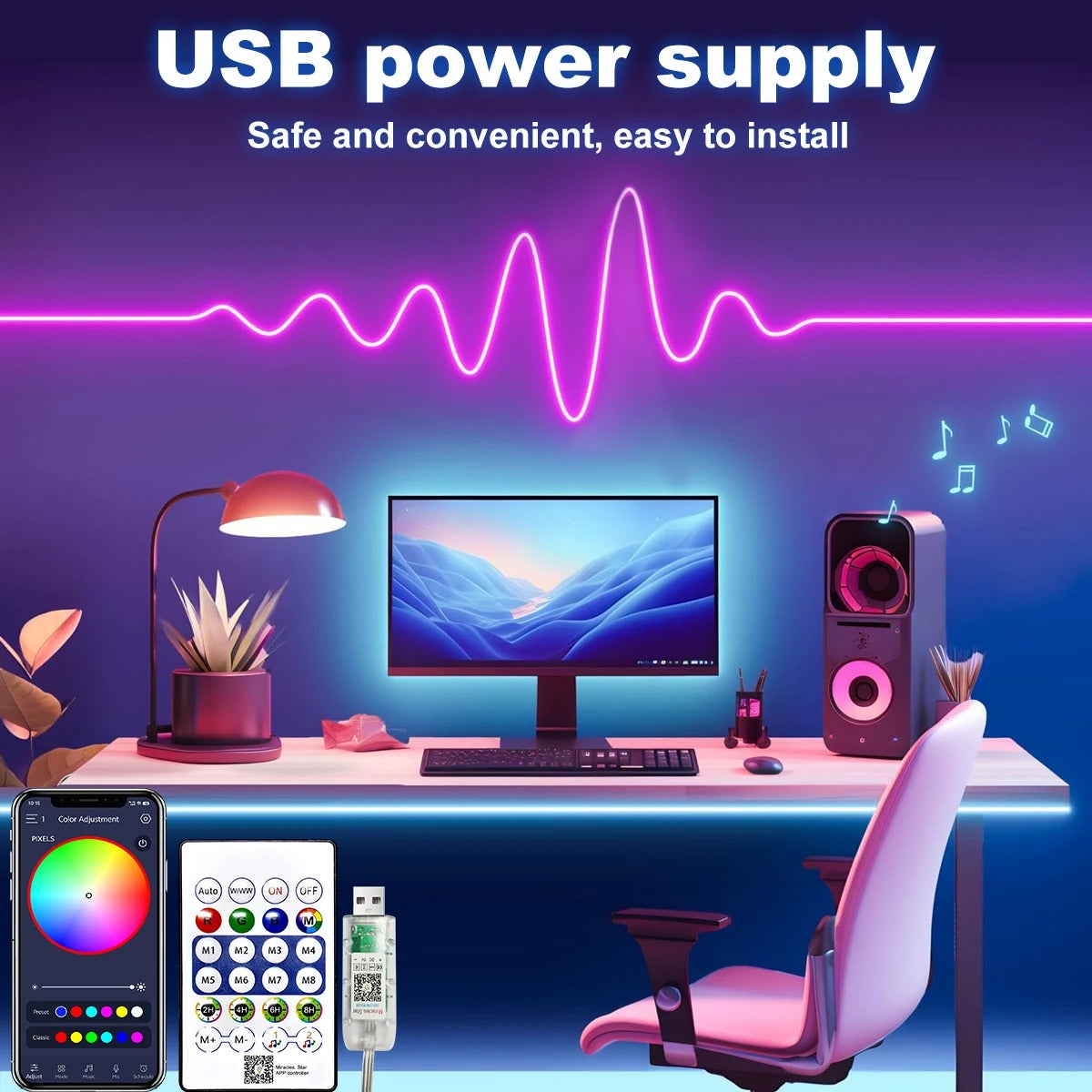 USB RGB Neon Strip Light with Bluetooth Control